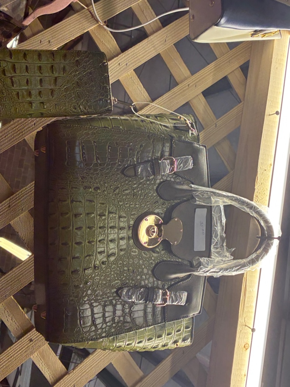 Croc-Embossed Olive Green Top-Handle Tote